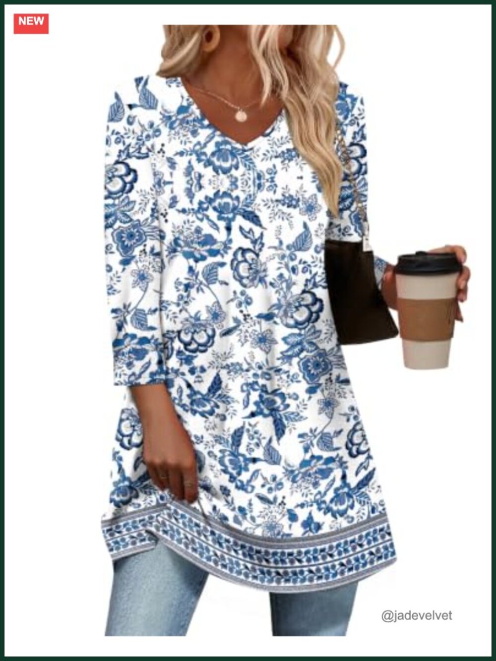 3/4 Sleeve Tunic Top for Women Plus Size V-Neck Floral Peasant Blouse
